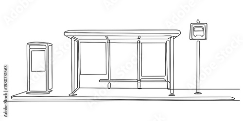 A simple black and white line drawing of a modern bus shelter with a sign and a ticket kiosk unit. Vector, illustration