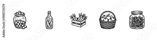 Pantry Food Preserves and Harvest Vegetables with Fluid Ink Brush Strokes and Hand-Drawn Painterly Aesthetic