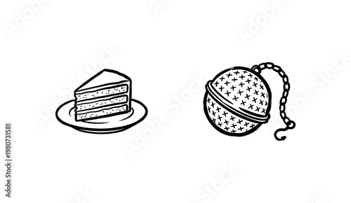 Tea Time Essentials and Afternoon Snack Elements with Inky Brush Strokes in Hand-Drawn Painterly Style