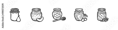 Fruit Preserves and Glass Jam Jars with Fresh Berries and Orchard Fruits in Hand-Drawn Painterly Style