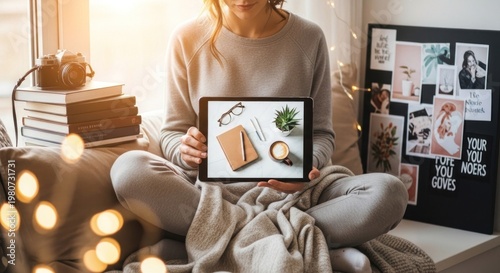 A woman in a cozy, well-lit room with a stack of books, a tablet displaying a plant and a notebook, and a cozy blanket on her lap.