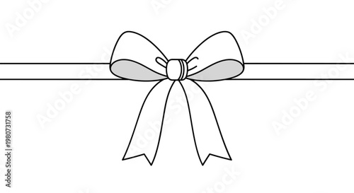 Classic ribbon bow illustration in black and white line art with a simple knot and flowing tails for various decorative applications.