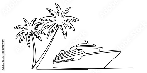 A single continuous line drawing of a large cruise ship sailing past two beautiful palm trees. Vector, illustration