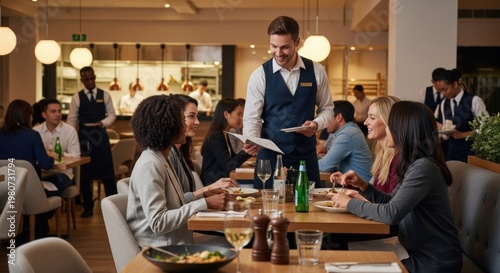 A waiter in a blue uniform serves a group of diners in a modern restaurant setting.