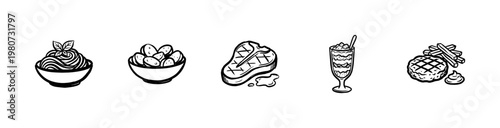 Italian Cuisine and Grilled Meat Food Elements with Hand-Drawn Inky Brush Strokes and Painterly Textured Detail.