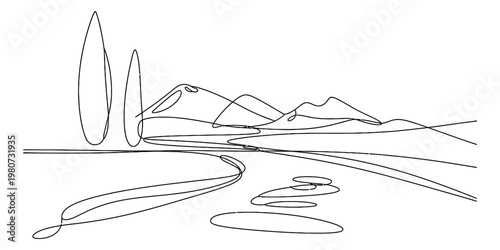 Minimalist continuous line drawing of a serene landscape with cypress trees and distant hills Vector, illustration