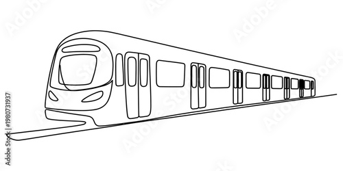 A simple continuous line drawing of a modern commuter passenger train on a plain white background. Vector, illustration