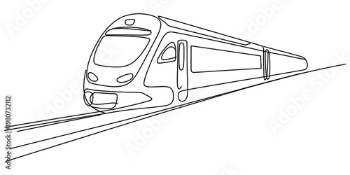 A single continuous line drawing of a modern high speed passenger train moving along the tracks. Vector, illustration