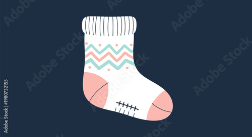 White baby sock featuring a pink toe and heel with a teal and peach chevron pattern around the ankle against a dark blue background.