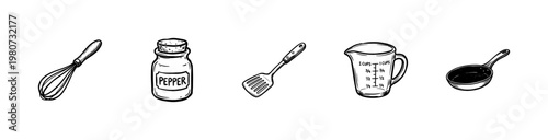 Professional Kitchen Utensils and Cooking Equipment with Fluid Ink Brush Strokes and Hand-Drawn Painterly Style