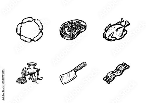 Fresh Meat Products and Butcher Shop Supplies with Hand-Drawn Inky Outlines and Vibrant Color Washes
