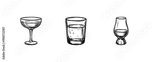 Alcoholic Beverages and Glassware Design Elements with Fluid Ink Brush Strokes in Hand-Drawn Painterly Style