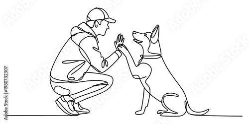A continuous line drawing of a person interacting with their pet dog in a simple artistic style Vector, illustration