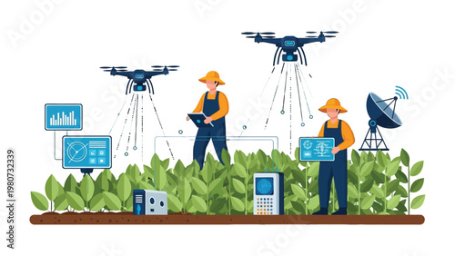 Bild auf Leinwand Modern Agriculture: Precision farming, with drones and farmworkers monitoring and optimizing crop health, epitomizing the evolution of agriculture and technological integration