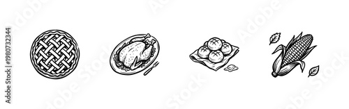 Thanksgiving Dinner and Autumn Harvest Elements with Inky Brush Strokes and Hand-Drawn Painterly Aesthetic