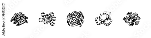 Italian Pasta Varieties and Traditional Noodle Shapes with Hand-Drawn Inky Brushwork and Organic Textural Details.