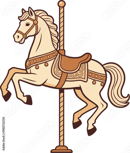 Carousel Horse Vector Line Art, Merry Go Round Pony Rearing Ornate Beaded Saddle Pole Carnival Amusement Ride Illustration