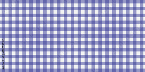 Blue and white gingham checkered pattern background, classic seamless table cloth texture, vector geometric plaid fabric design for kitchen, picnic, and fashion backdrop.