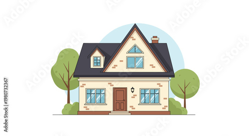 Charming suburban cottage house with a brick facade, gabled roof, and green trees in the front yard against a blue sky background.