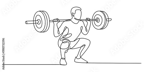 A continuous one line drawing of a muscular man performing a heavy barbell squat in the gym Vector, illustration