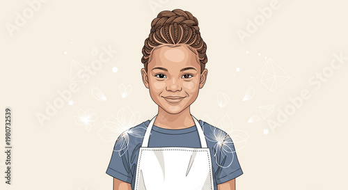 Portrait of a smiling young girl with braided hair wearing a blue t-shirt and white apron against a soft beige floral background.