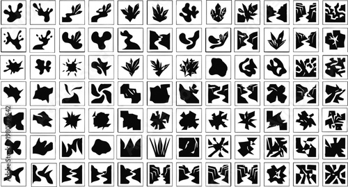 Diverse collection of abstract hand-drawn symbols and patterns resembling sign language gestures isolated on white background, Vector