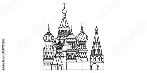 A detailed black and white line art illustration of the iconic saint basil cathedral in moscow Vector, illustration
