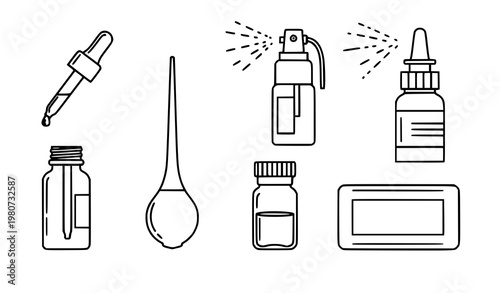 Medical dropper bottle line icon set pharmaceutical vector