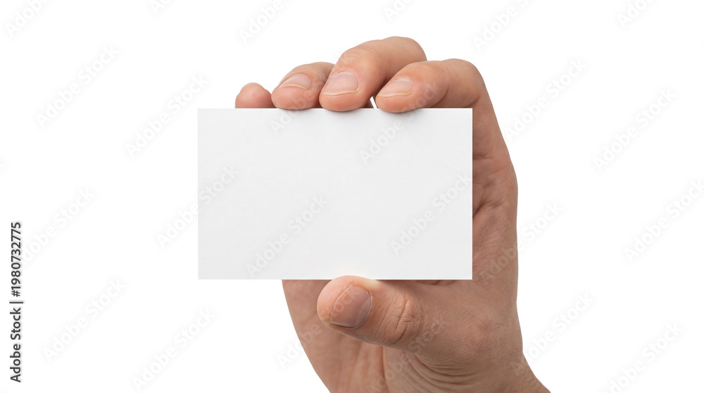 Fototapeta premium Hand holds a blank business card with no design or text in a simple display for potential use at an event or meeting, transparent background, isolate,