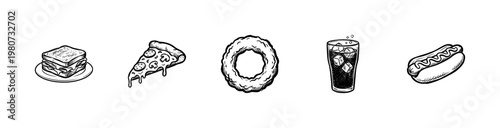 Fast Food Favorites and Classic Junk Food Items with Hand-Drawn Inky Brush Strokes and Saturated Painterly Texture