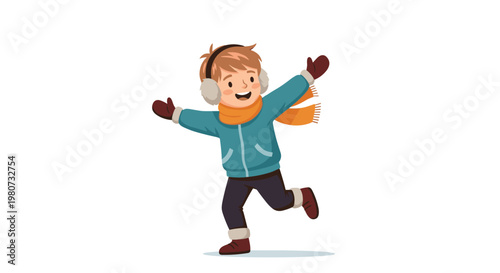 Happy young boy wearing warm winter clothes and earmuffs jumps with joy while a long orange scarf blows in the wind.