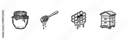 Beekeeping and Natural Honey Production Elements with Hand-Drawn Inky Brush Strokes and Organic Textures