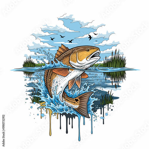 Redfish Red drum fish jumping out of water in a marsh landscape illustration