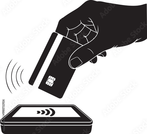 Hand holding credit card near contactless payment terminal