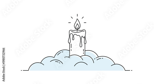 Small white candle burns atop a snowy mound with light rays and melting wax droplets in a simple line art style.