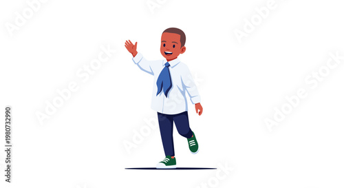 Young african american boy wearing a white dress shirt and blue tie waves his hand while walking forward happily.