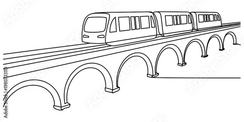 A simple black and white line drawing of a modern passenger train crossing a high stone viaduct Vector, illustration