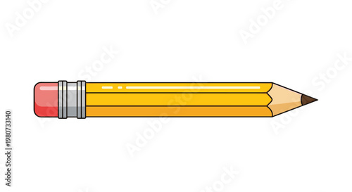 Traditional yellow pencil with a pink eraser and a sharpened graphite tip is shown in a flat illustration style.