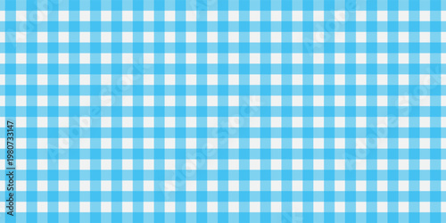 Blue and white gingham checkered pattern background, classic seamless table cloth texture, vector geometric plaid fabric design for kitchen, picnic, and fashion backdrop.