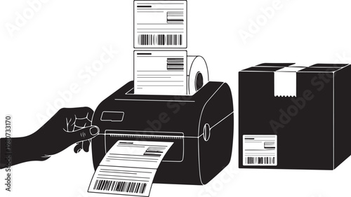 Hand pulling shipping label from printer next to boxes