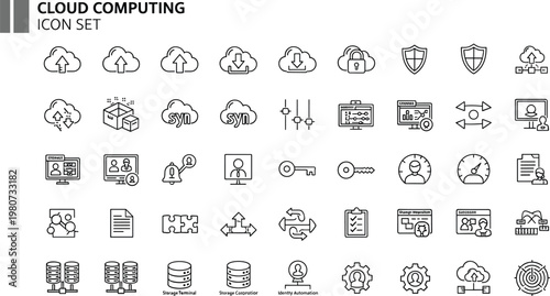 Cloud computing infrastructure outline icon set with storage synchronization encryption servers monitoring networking dashboard technology symbols