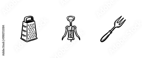 Kitchen Utensils and Culinary Cooking Equipment with Inky Hand-Drawn Brush Strokes and Painterly Ink Wash Textures