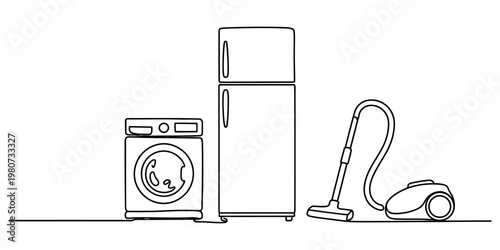 A simple continuous line drawing of common household appliances arranged on a plain white background Vector, illustration