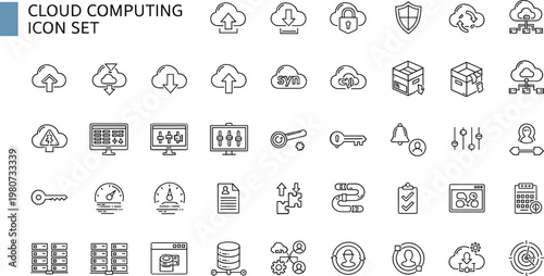 Cloud computing outline icon set with storage servers database synchronization encryption security networking infrastructure technology symbols