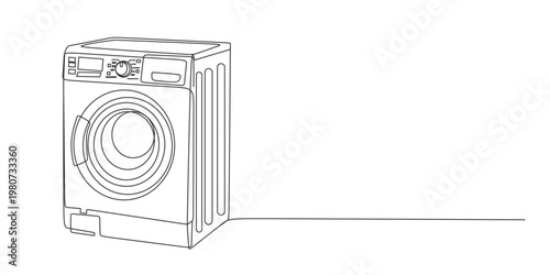 Continuous line drawing of a modern washing machine and laundry basket vector illustration vector	