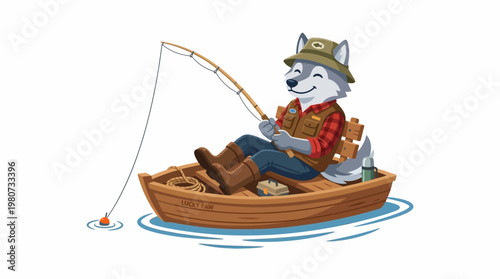A cheerful anthropomorphic cartoon wolf character, wearing a fishing hat and vest, contentedly enjoys angling from a small wooden boat on tranquil water