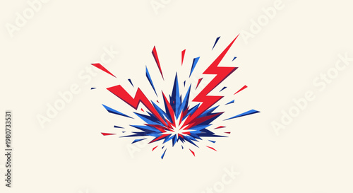 Abstract explosion of red and blue lightning bolts and sharp geometric shapes on a light background