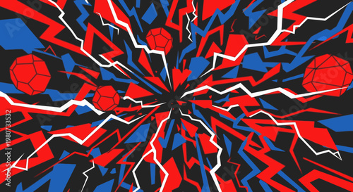 Abstract explosive energy burst with red, blue, and white lightning and geometric shapes