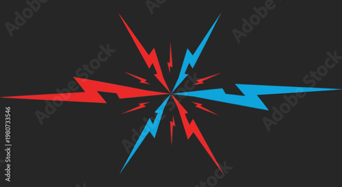 Abstract starburst of red and blue lightning bolts radiating from a central point on a dark background