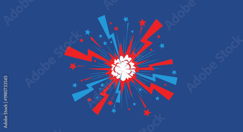 Explosion of red and blue lightning bolts and stars radiating from a central white burst on a blue background